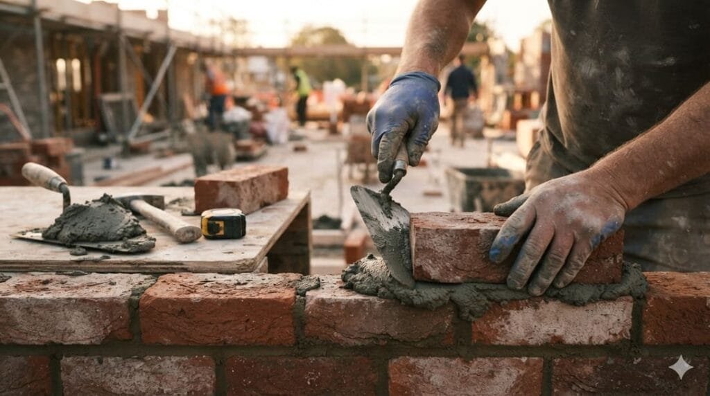 Pedreiro trabalhando no assentamento de alvenaria em um canteiro de obras residencial, com ferramentas organizadas ao lado, luz natural de fim de tarde.