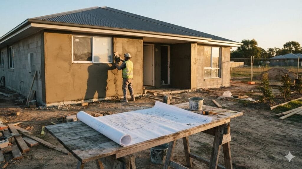 Casa térrea de 100 metros quadrados em fase final de acabamento, com pedreiro finalizando reboco externo, ao lado de uma planta baixa impressa apoiada sobre uma mesa de obra.