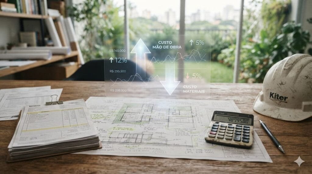 Planta de obra residencial sobre uma mesa, com calculadora, nota fiscal de materiais de construção e um gráfico financeiro translúcido sobreposto simbolizando a mudança tributária de 2026