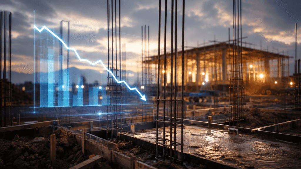 Fundação de uma casa em construção com um gráfico financeiro holográfico em queda flutuando ao lado, simbolizando a redução da Selic e dos juros de financiamento em 2026.