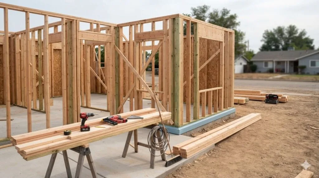 Estrutura de casa em Wood Frame sendo montada, com montantes de madeira tratada formando os painéis das paredes antes do fechamento com placas OSB.