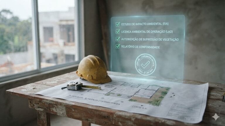 Planta baixa de uma casa residencial sobre uma mesa de obra, com um carimbo de aprovação e um ícone de documento translúcido sobrepostos simbolizando o novo licenciamento ambiental