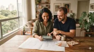Casal analisando um orçamento de reforma residencial em um tablet, com plantas de projeto e amostras de material sobre a mesa, luz natural de janela ao fundo.
