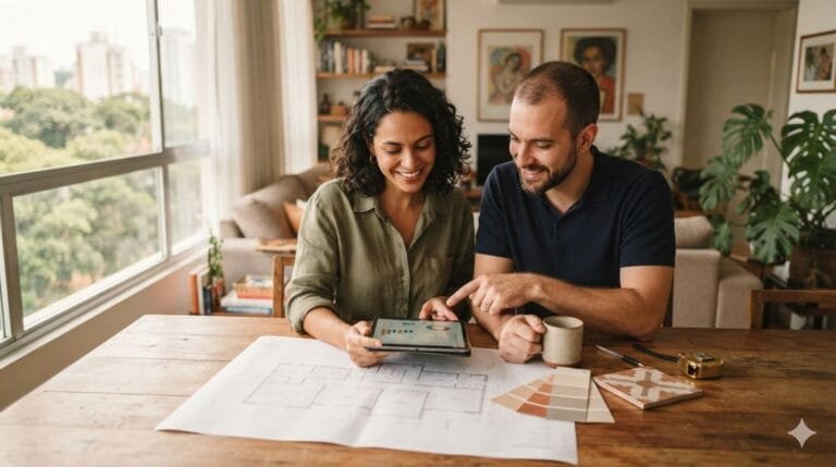Casal analisando um orçamento de reforma residencial em um tablet, com plantas de projeto e amostras de material sobre a mesa, luz natural de janela ao fundo.