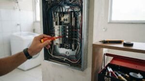 Mão segurando uma chave de fenda isolada ao lado de um quadro de disjuntores residencial aberto, com uma chave teste de tensão apoiada próxima.