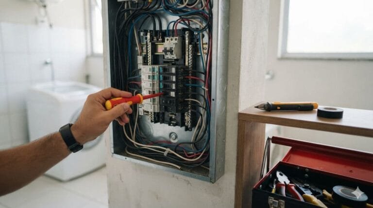 Mão segurando uma chave de fenda isolada ao lado de um quadro de disjuntores residencial aberto, com uma chave teste de tensão apoiada próxima.