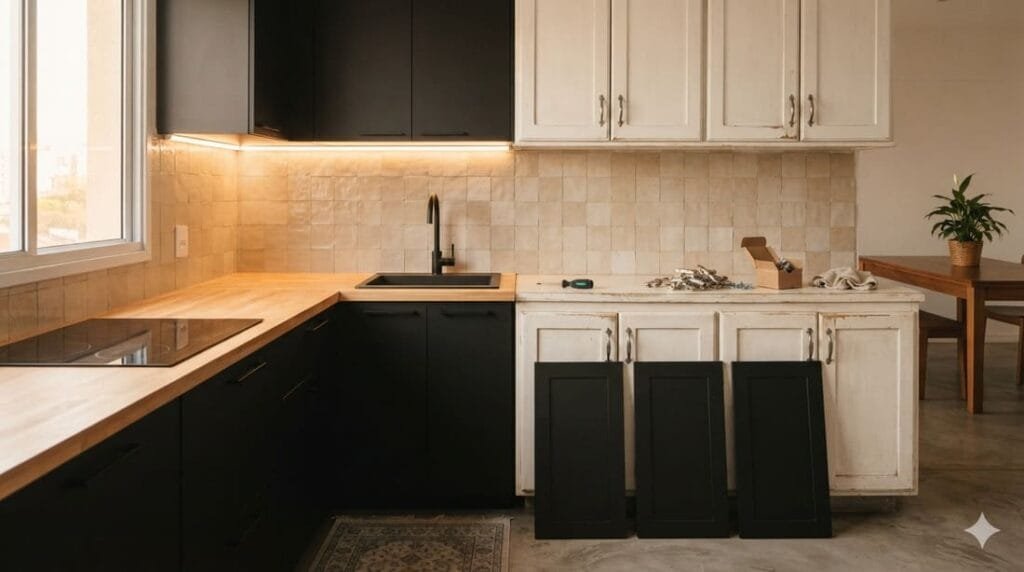 Cozinha com armários de MDF branco recebendo novas portas e puxadores pretos foscos, caixotaria original mantida, ferramentas de marcenaria sobre a bancada.