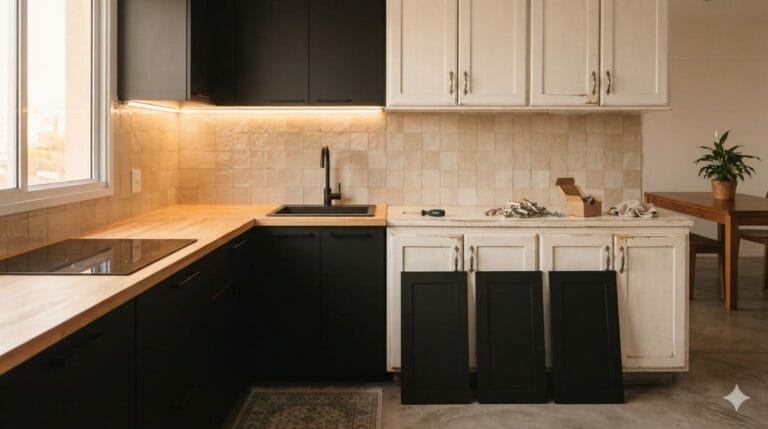Cozinha com armários de MDF branco recebendo novas portas e puxadores pretos foscos, caixotaria original mantida, ferramentas de marcenaria sobre a bancada.
