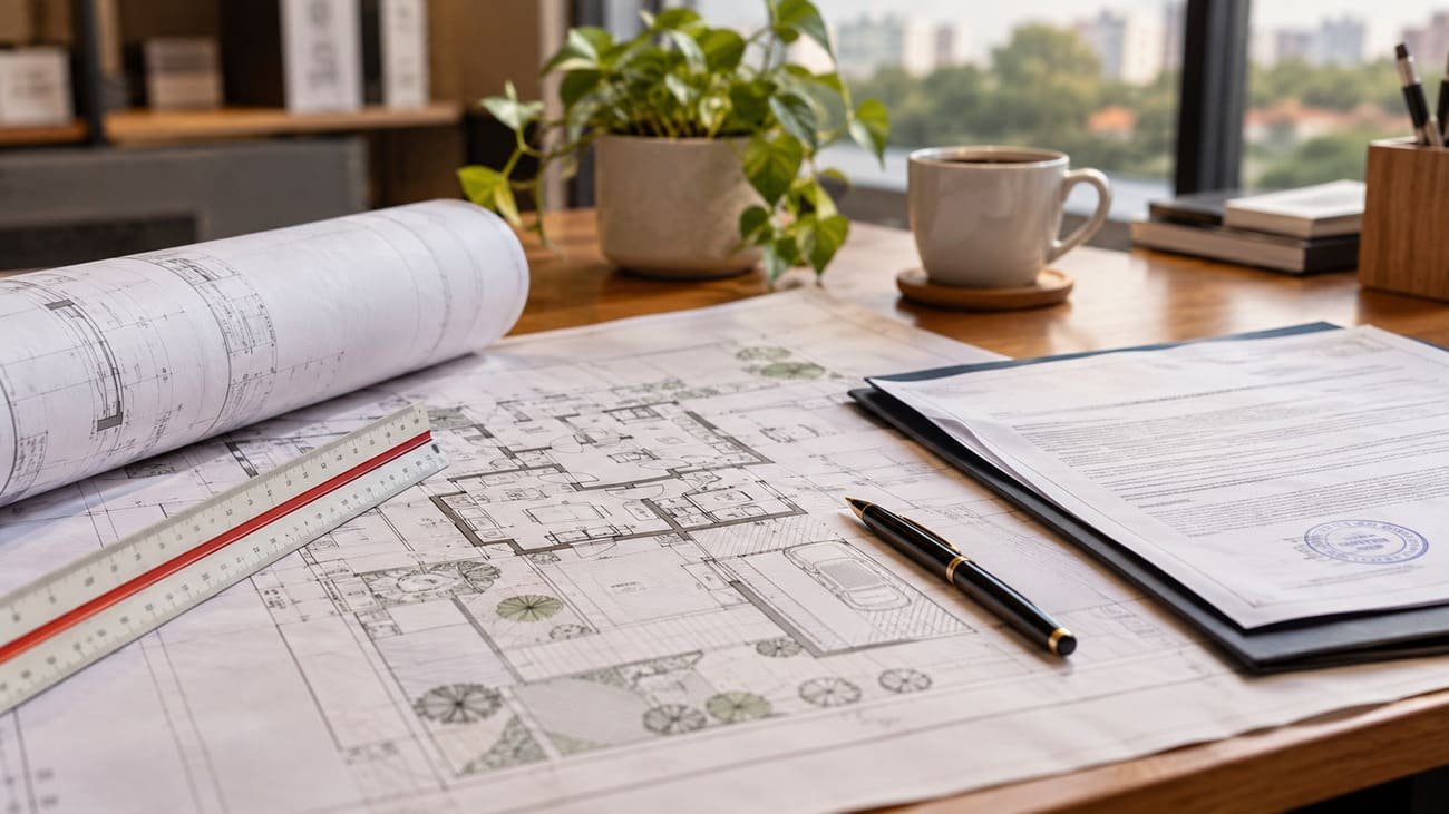 Mesa de escritório com planta baixa de uma casa residencial, régua, caneta e um documento oficial com carimbo, simbolizando o processo de aprovação e licenciamento de uma obra.