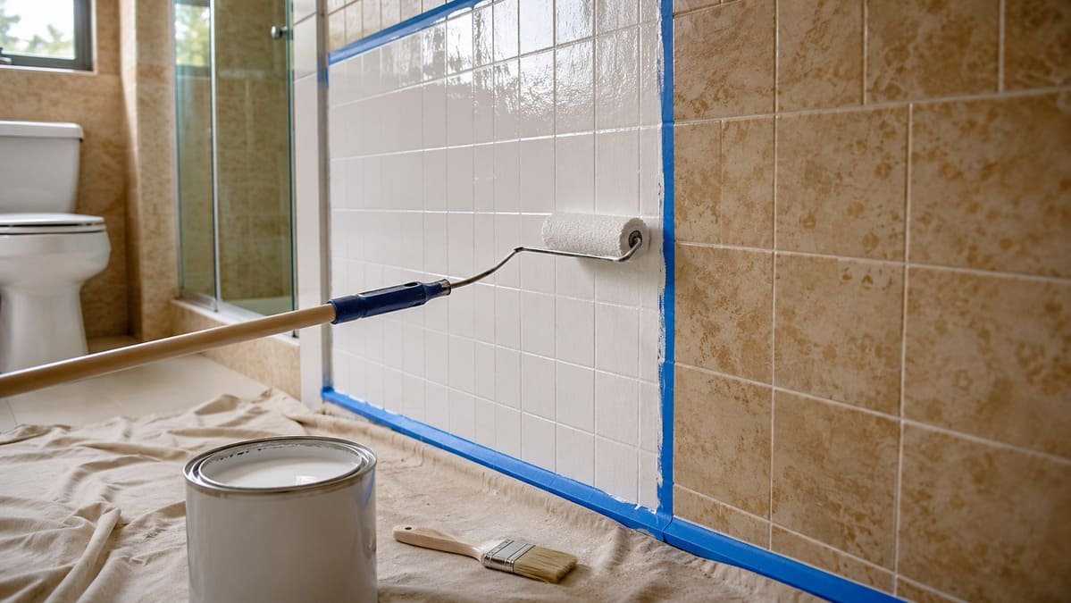 Rolo de pintura aplicando tinta epóxi branca sobre parede de azulejo antigo em banheiro, com fita crepe protegendo o rejunte e uma lata de tinta aberta ao lado.