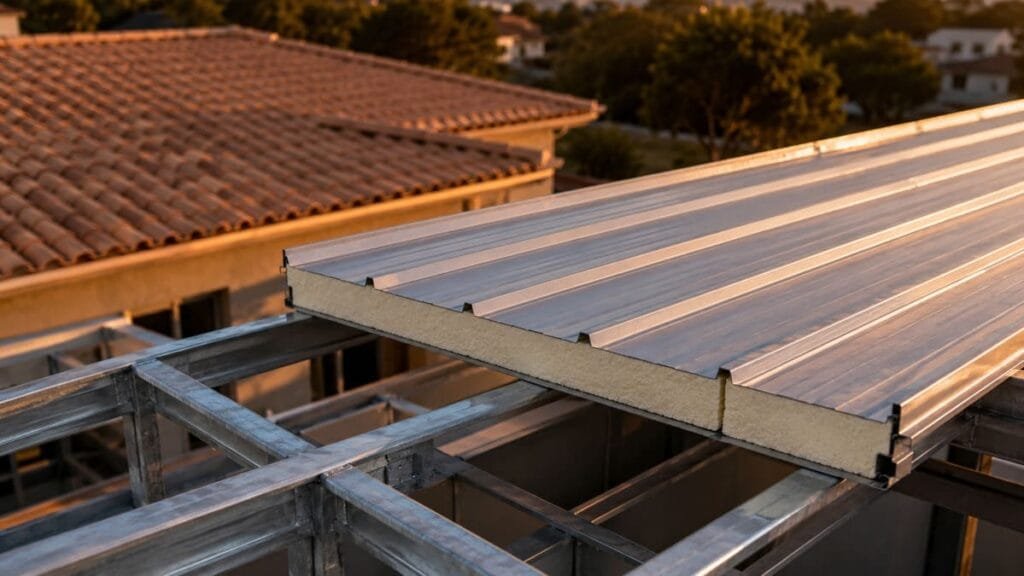 Detalhe de telhado residencial com telha metálica termoacústica (telha sanduíche) sendo instalada sobre estrutura leve de aço, contrastando com telhas de barro tradicionais ao fundo.