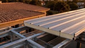 Detalhe de telhado residencial com telha metálica termoacústica (telha sanduíche) sendo instalada sobre estrutura leve de aço, contrastando com telhas de barro tradicionais ao fundo.